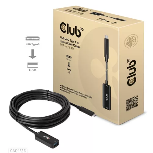Club 3D Kábel - CAC-1536 (USB-C Gen 2 to USB-A, 10Gbps, M/F, 5m)