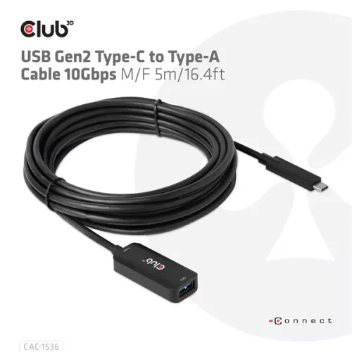 Club 3D Kábel - CAC-1536 (USB-C Gen 2 to USB-A, 10Gbps, M/F, 5m)