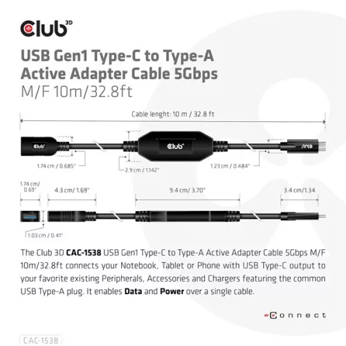 Club 3D Kábel - CAC-1538 (USB-C Gen 1 to USB-A, 5Gbps, 10m)