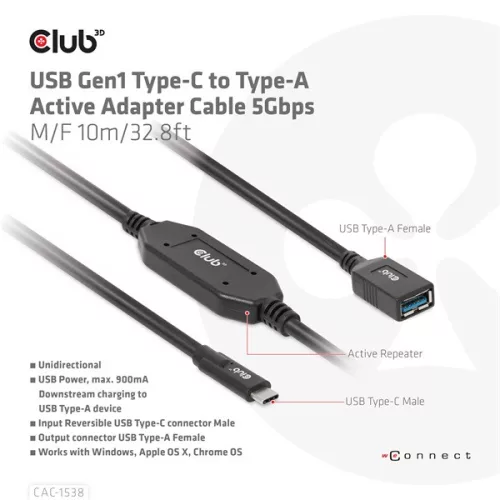 Club 3D Kábel - CAC-1538 (USB-C Gen 1 to USB-A, 5Gbps, 10m)