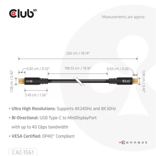 Club 3D Kábel - CAC-1561 (USB-C to Mini DisplayPort 2.1, DP40 Bidirectional, 2m, 8K30Hz)
