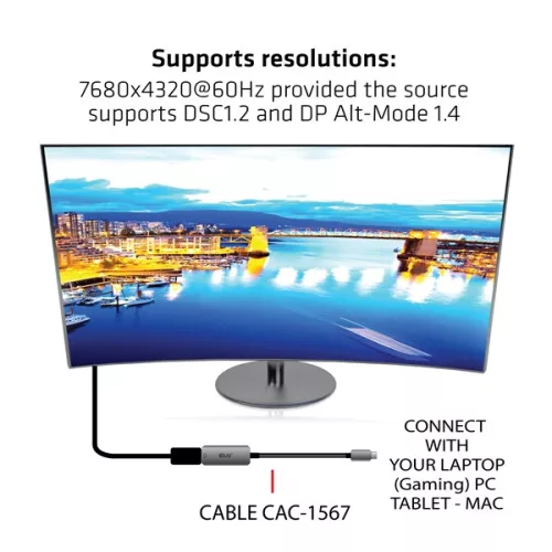 Club 3D Átalakító - CAC-1567 (USB-C to DisplayPort 1.4, 8K60Hz, DSC 1.2, HDR, HBR3)
