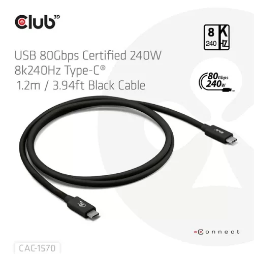 Club 3D Kábel - CAC-1570 (USB4 USB-C, 240W PD, 80Gbps, 8K240Hz, 4K540Hz, Bidirectional, fekete, M/M, 1,2m)