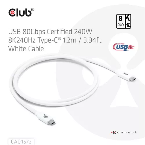 Club 3D Kábel - CAC-1572 (USB4 USB-C, 240W PD, 80Gbps, 8K240Hz, 4K540Hz, Bidirectional, fehér, M/M, 1,2m)