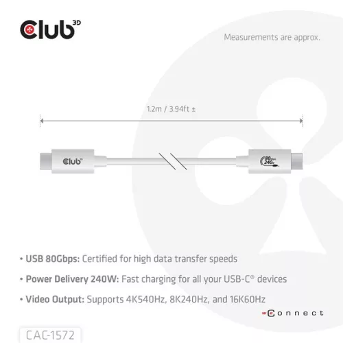 Club 3D Kábel - CAC-1572 (USB4 USB-C, 240W PD, 80Gbps, 8K240Hz, 4K540Hz, Bidirectional, fehér, M/M, 1,2m)