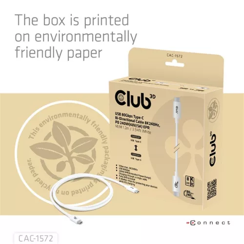 Club 3D Kábel - CAC-1572 (USB4 USB-C, 240W PD, 80Gbps, 8K240Hz, 4K540Hz, Bidirectional, fehér, M/M, 1,2m)