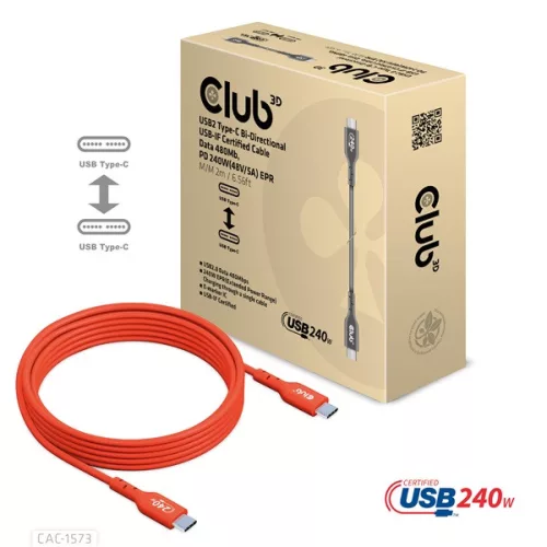 Club 3D Kábel - CAC-1573 (USB2 USB-C, Kétirányú, 480Mb, 240W EPR, M/M, 2m)