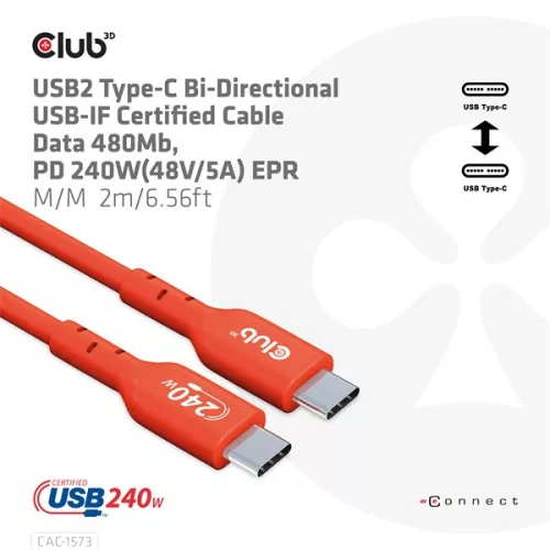 Club 3D Kábel - CAC-1573 (USB2 USB-C, Kétirányú, 480Mb, 240W EPR, M/M, 2m)