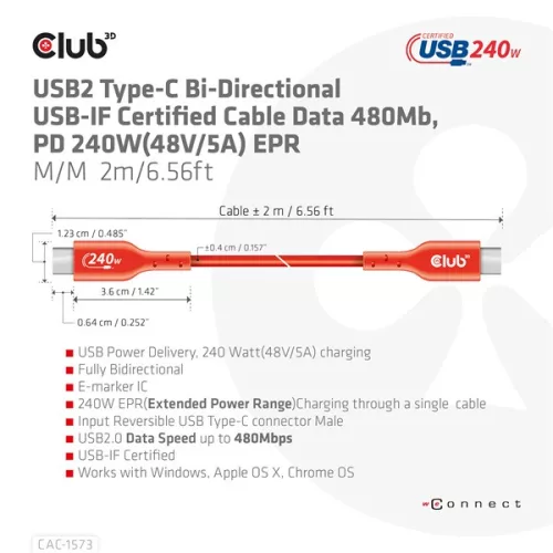 Club 3D Kábel - CAC-1573 (USB2 USB-C, Kétirányú, 480Mb, 240W EPR, M/M, 2m)