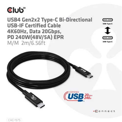Club 3D Kábel - CAC-1575 (USB4 USB-C Gen 2x2, Bi-Directional USB-IF, 4K60Hz, 20Gbps, PD 240W(48V/5A) EPR M/M, 2m)