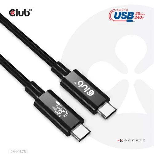 Club 3D Kábel - CAC-1575 (USB4 USB-C Gen 2x2, Bi-Directional USB-IF, 4K60Hz, 20Gbps, PD 240W(48V/5A) EPR M/M, 2m)