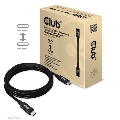 Club 3D Kábel - CAC-1578 (USB4 USB-C Gen 3x2, Bi-directional, 8K60Hz, 40Gbps, 240W PD, EPR, M/M, 2m)