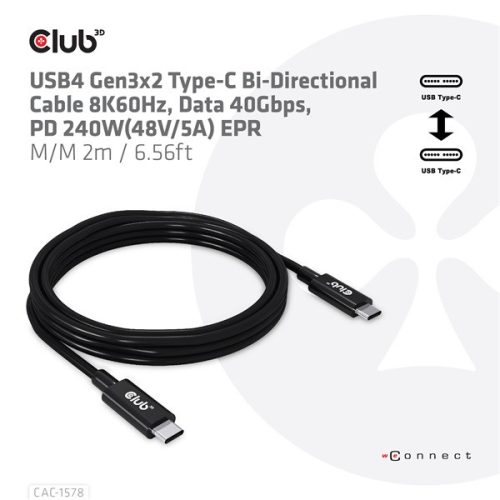 Club 3D Kábel - CAC-1578 (USB4 USB-C Gen 3x2, Bi-directional, 8K60Hz, 40Gbps, 240W PD, EPR, M/M, 2m)