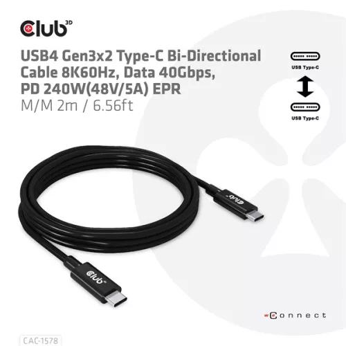 Club 3D Kábel - CAC-1578 (USB4 USB-C Gen 3x2, Bi-directional, 8K60Hz, 40Gbps, 240W PD, EPR, M/M, 2m)
