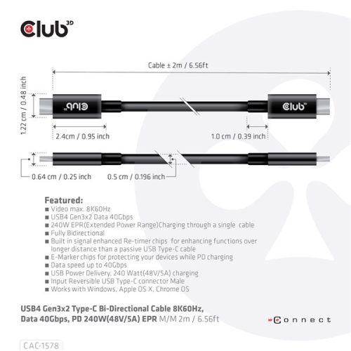 Club 3D Kábel - CAC-1578 (USB4 USB-C Gen 3x2, Bi-directional, 8K60Hz, 40Gbps, 240W PD, EPR, M/M, 2m)