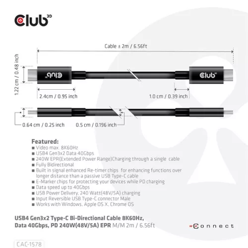 Club 3D Kábel - CAC-1578 (USB4 USB-C Gen 3x2, Bi-directional, 8K60Hz, 40Gbps, 240W PD, EPR, M/M, 2m)