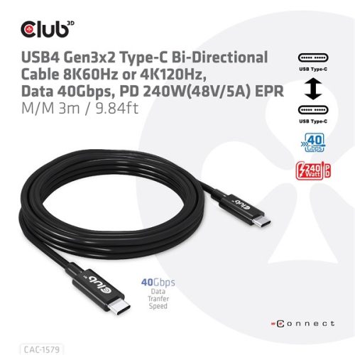 Club 3D Kábel - CAC-1579 (USB4 USB-C Gen 3x2, Bi-directional, 8K60Hz, 40Gbps, 240W PD, EPR, M/M, 3m)