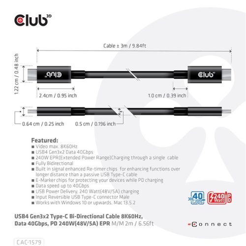 Club 3D Kábel - CAC-1579 (USB4 USB-C Gen 3x2, Bi-directional, 8K60Hz, 40Gbps, 240W PD, EPR, M/M, 3m)