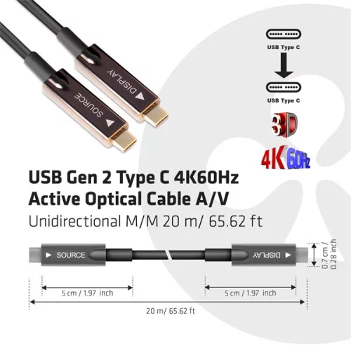 Club 3D Kábel - CAC-1589 (3.2 USB-C Gen 2 to 3.2 USB-C Gen 2, aktív, optikai, 60W PD, 4K60Hz, Bidirectional, M/M, 20m)
