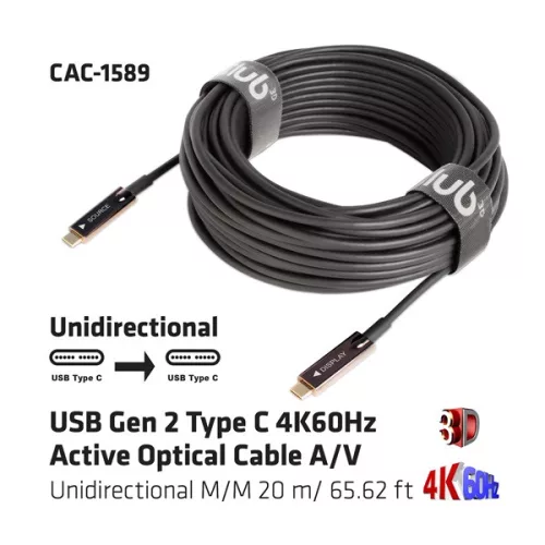 Club 3D Kábel - CAC-1589 (3.2 USB-C Gen 2 to 3.2 USB-C Gen 2, aktív, optikai, 60W PD, 4K60Hz, Bidirectional, M/M, 20m)