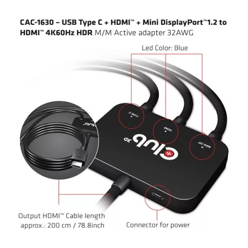 Club 3D Átalakító - CAC-1630 (USB-C + HDMI + MiniDisplayport to HDMI 4K60Hz, M/M, 32AVG)