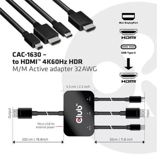 Club 3D Átalakító - CAC-1630 (USB-C + HDMI + MiniDisplayport to HDMI 4K60Hz, M/M, 32AVG)