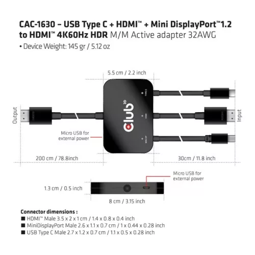 Club 3D Átalakító - CAC-1630 (USB-C + HDMI + MiniDisplayport to HDMI 4K60Hz, M/M, 32AVG)