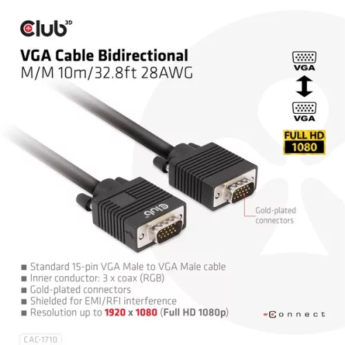 Club 3D Kábel - CAC-1710 (VGA Bidirectional, M/M, 10m, 28AWG, 1080p)