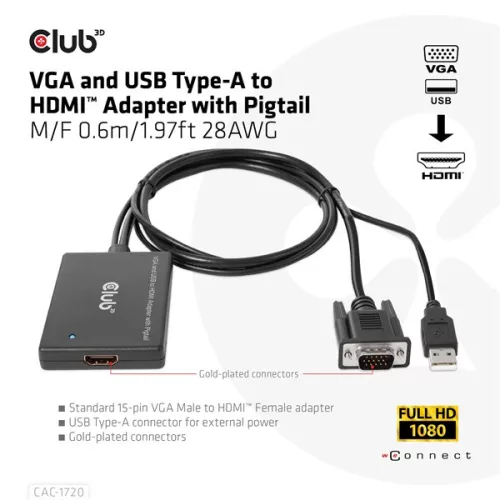 Club 3D Átalakító - CAC-1720 (USB-A & VGA to HDMI, M/F, 0.6m, 28AWG, Full HD 1080p)
