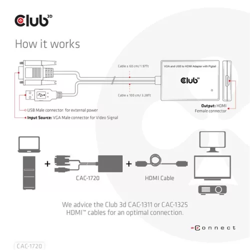 Club 3D Átalakító - CAC-1720 (USB-A & VGA to HDMI, M/F, 0.6m, 28AWG, Full HD 1080p)