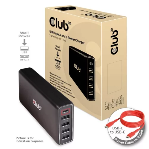 Club 3D Átalakító - CAC-1903 (5 port, 111W töltő, 4xUSB-A, 1xUSB-C PD)