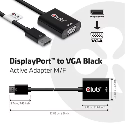 Club 3D Átalakító - CAC-2013 (DisplayPort 1.1a to VGA, fekete, aktív, WUXGA 1920x1200 @60Hz)