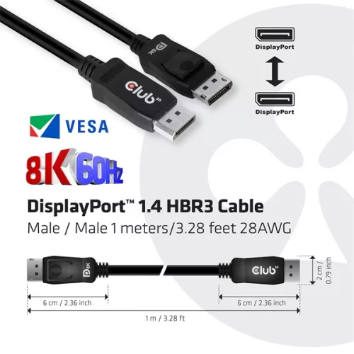 Club 3D Kábel - CAC-2067 (DisplayPort 1.4, HBR3, 8K60Hz, 1m, M/M, VESA minősítés)
