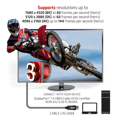 Club 3D Kábel - CAC-2068 (DisplayPort 1.4, M/M, 28AWG, HBR3, VESA tanúsítvánnyal, 8K60Hz, 2m)