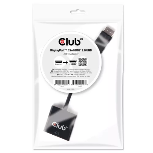 Club 3D Átalakító - CAC-2070 (DisplayPort 1.2 to HDMI 2.0, 4K60Hz UHD, Aktív, 3D támogatás)