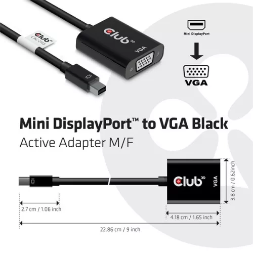 Club 3D Átalakító - CAC-2113 (Mini DisplayPor 1.1a to VGA, fekete, aktív, 1920x1200@60Hz, kompatibilis AMD/Nvidia/Intel)