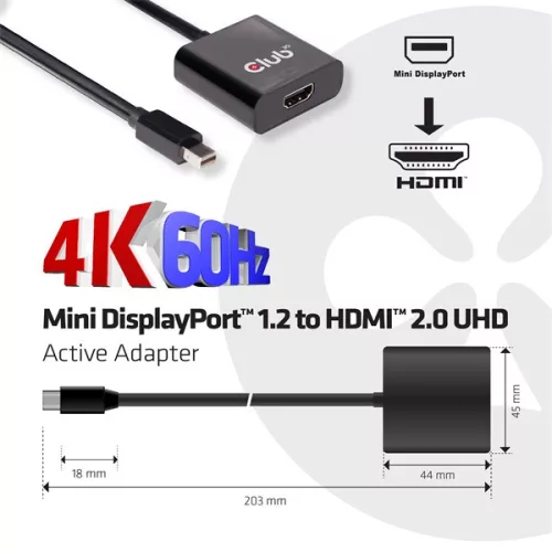 Club 3D Átalakító - CAC-2170 (Mini DisplayPort 1.2 to HDMI 2.0, 4K60Hz, UHD, 3D aktív átalakító)