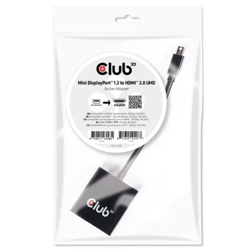 Club 3D Átalakító - CAC-2170 (Mini DisplayPort 1.2 to HDMI 2.0, 4K60Hz, UHD, 3D aktív átalakító)