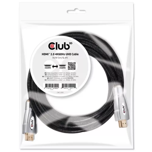 Club 3D Kábel - CAC-2312 (HDMI 2.0, 4K60Hz UHD, HDR, 5m, aranyozott, 18Gbps, Bidirectional)