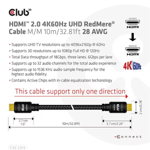 Club 3D Kábel - CAC-2313 (HDMI 2.0, 4K60Hz, M/M, 10m, RedMere, Uni-directional)
