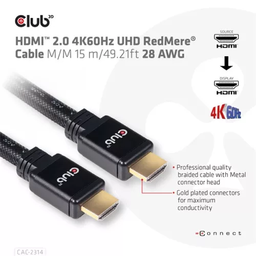 Club 3D Kábel - CAC-2314 (HDMI 2.0 4K60Hz RedMere, M/M, 15m, 18Gbps, UHD, AWG28)