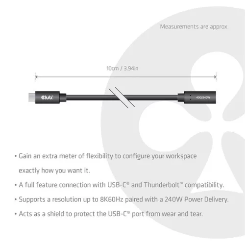 Club 3D Kábel - CAC-2502 (USB-C to USB-C, M/F, 40Gbps, 8K60Hz, 240W, DP 1.4 Alternate Mode, 1m)