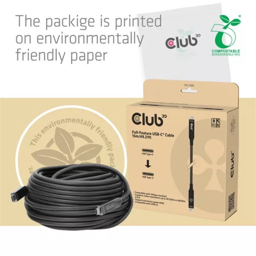 Club 3D Kábel - CAC-2580 (USB-C to USB-C, M/M, AOC kábel, 8K60Hz, 10Gbps, 60W, 15m)