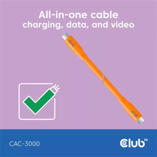 Club 3D Kábel - CAC-3000 (USB-C, PD 240W, 20Gbps, 4K60Hz, narancs, M/M, 2m)