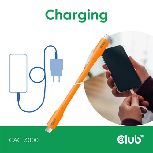 Club 3D Kábel - CAC-3000 (USB-C, PD 240W, 20Gbps, 4K60Hz, narancs, M/M, 2m)