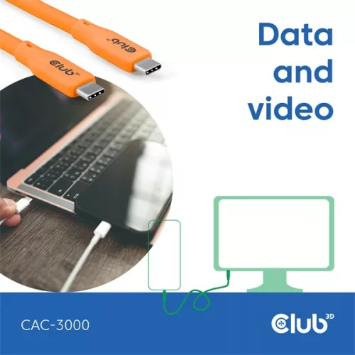 Club 3D Kábel - CAC-3000 (USB-C, PD 240W, 20Gbps, 4K60Hz, narancs, M/M, 2m)