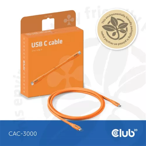 Club 3D Kábel - CAC-3000 (USB-C, PD 240W, 20Gbps, 4K60Hz, narancs, M/M, 2m)