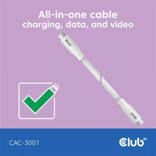 Club 3D Kábel - CAC-3001 (USB-C, PD 240W, 20Gbps, 4K60Hz, fehér, M/M, 2m)