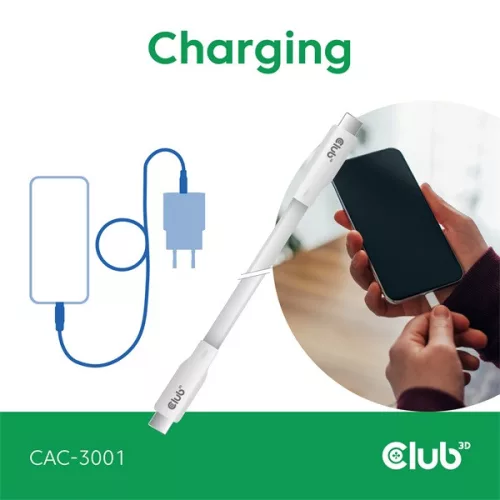 Club 3D Kábel - CAC-3001 (USB-C, PD 240W, 20Gbps, 4K60Hz, fehér, M/M, 2m)