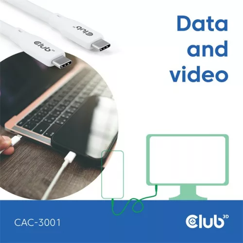 Club 3D Kábel - CAC-3001 (USB-C, PD 240W, 20Gbps, 4K60Hz, fehér, M/M, 2m)